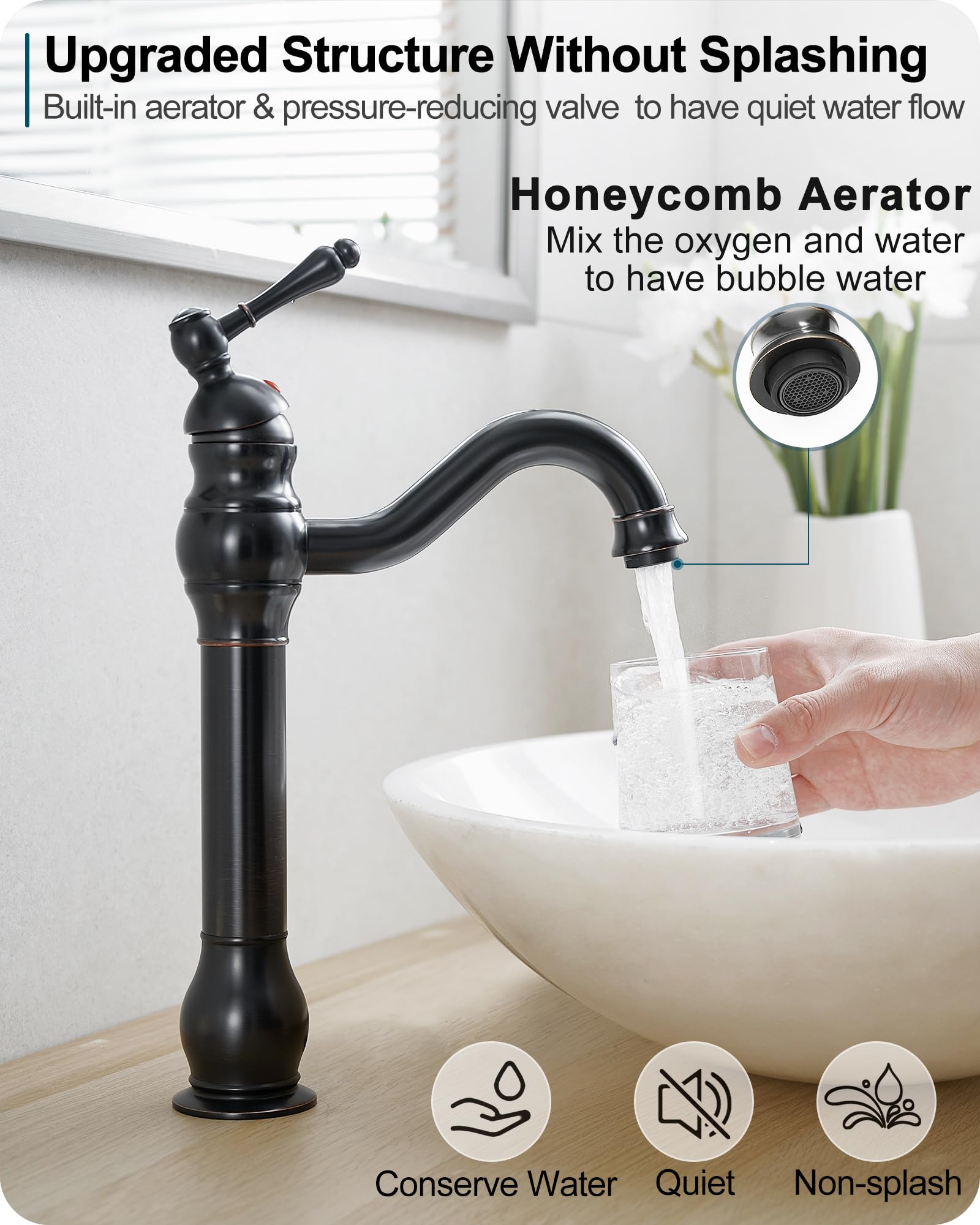HOIGY Oil Rubbed Bronze Bathroom Faucet 1 Hole, Brass Tall Bathroom Faucet Single Handle, 360 Degree Swivel Bath Faucet, Vessel Sink Faucet Bathroom Faucets with Pop-up Drain & Aerator for Farmhouse
