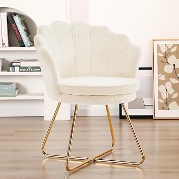 Furnimart Vanity Chair with Back, Shell Accent Chair for Living Room, Criss Cross Chair with Gold Legs, Makeup Chair for Bedroom Desk Chair no Wheels, Faux Fur White