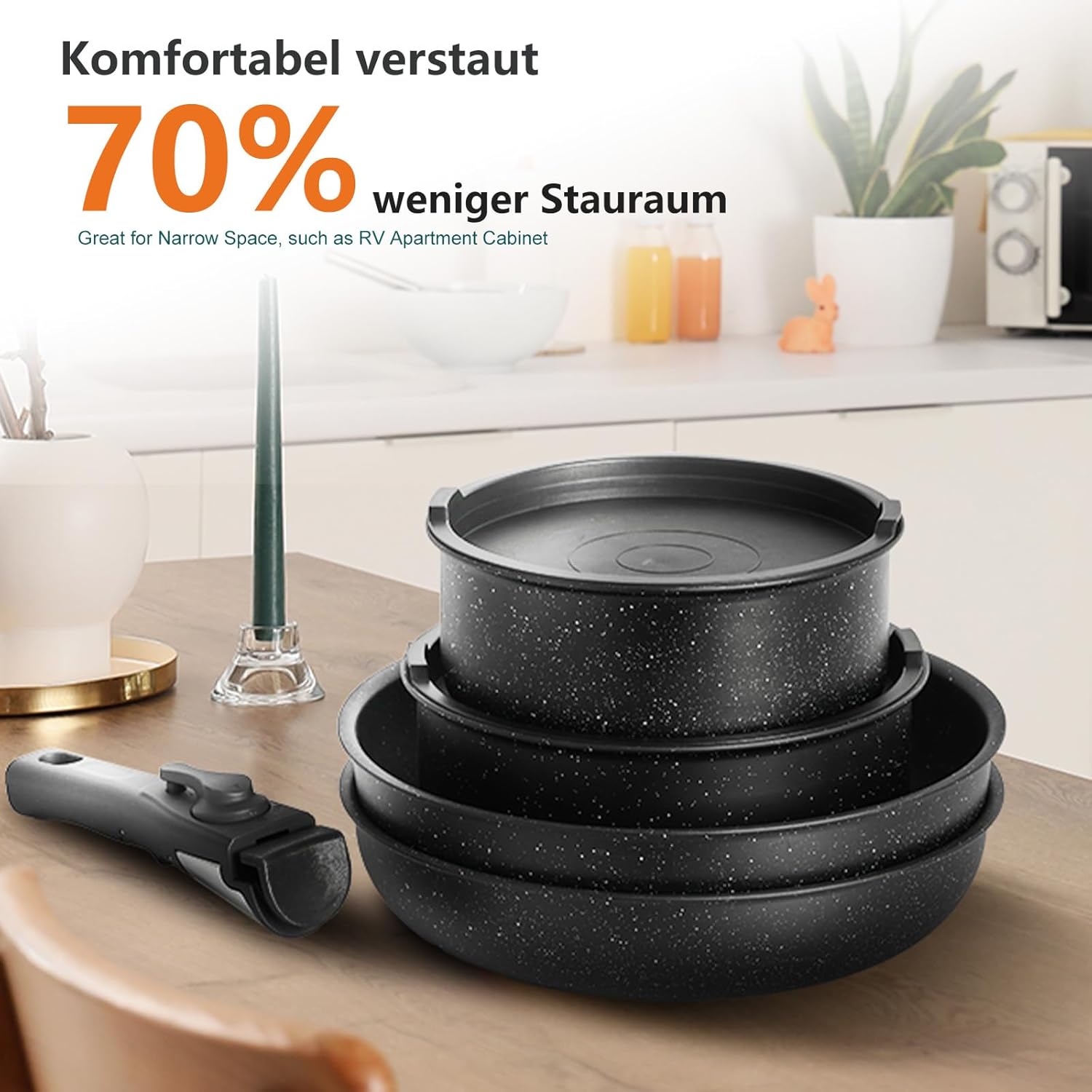 DUMOS 12 Pcs Pots and Pans Set, Nonstick Kitchen Cookware Set, Induction Cooking Sets Detachable Handle, Black