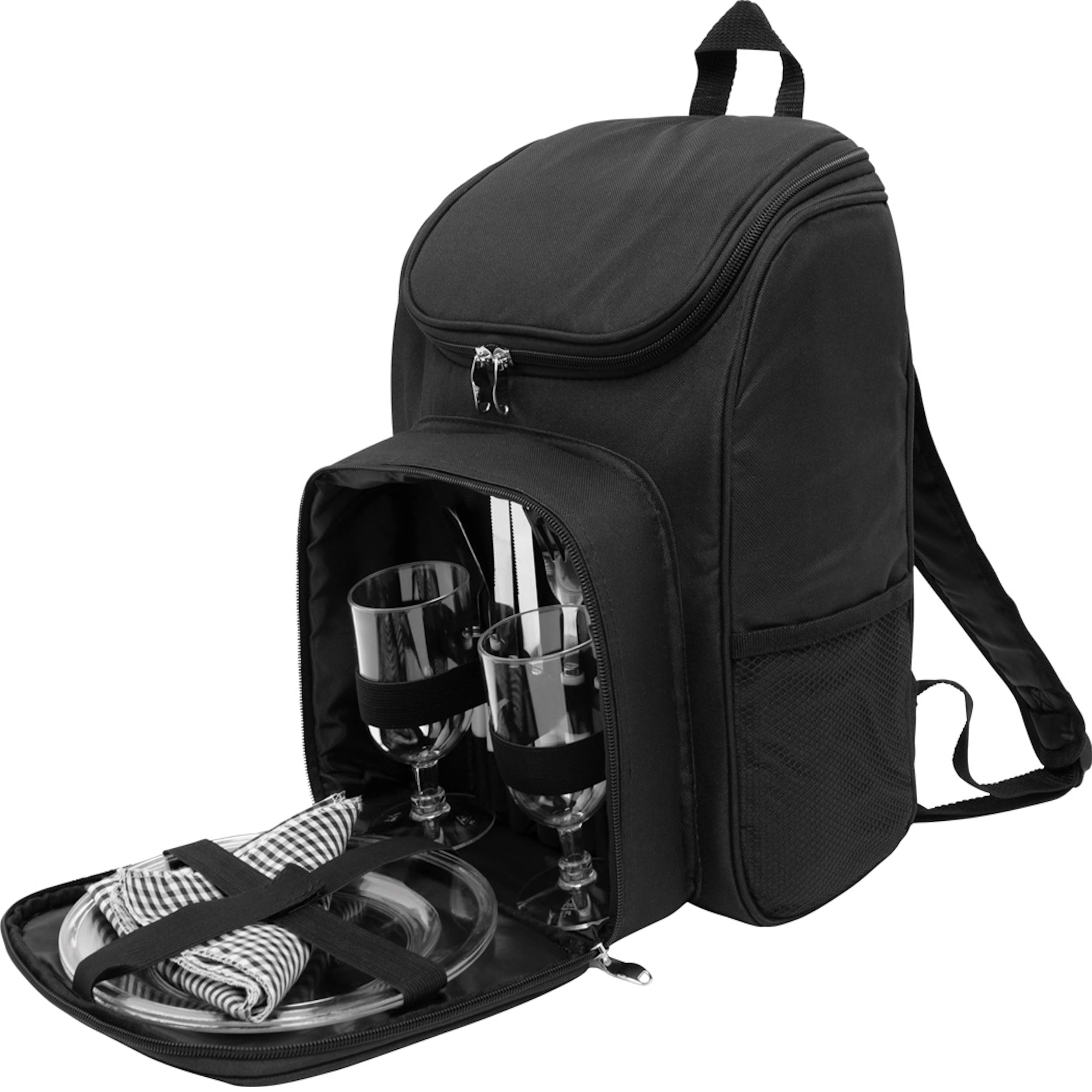Picknick-Rucksack 2 Personen blau schwarz isoliertes Reißverschluß-Kühlfach Vorfach inkl. Besteck Kunststoff-Weingläser & Teller Stoffservietten 2 Netzeinsteckfächer gepolsterte Gurte (Schwarz)