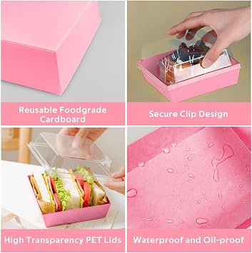 30PCS Cake Slice Boxes with Clear Lids, 5Inches Reusable Boxes for Cake Portions, Charcuterie Box with Baking Paper and Sticker, Takeaway for Sandwiches, Dessert, Cookie (Pink)
