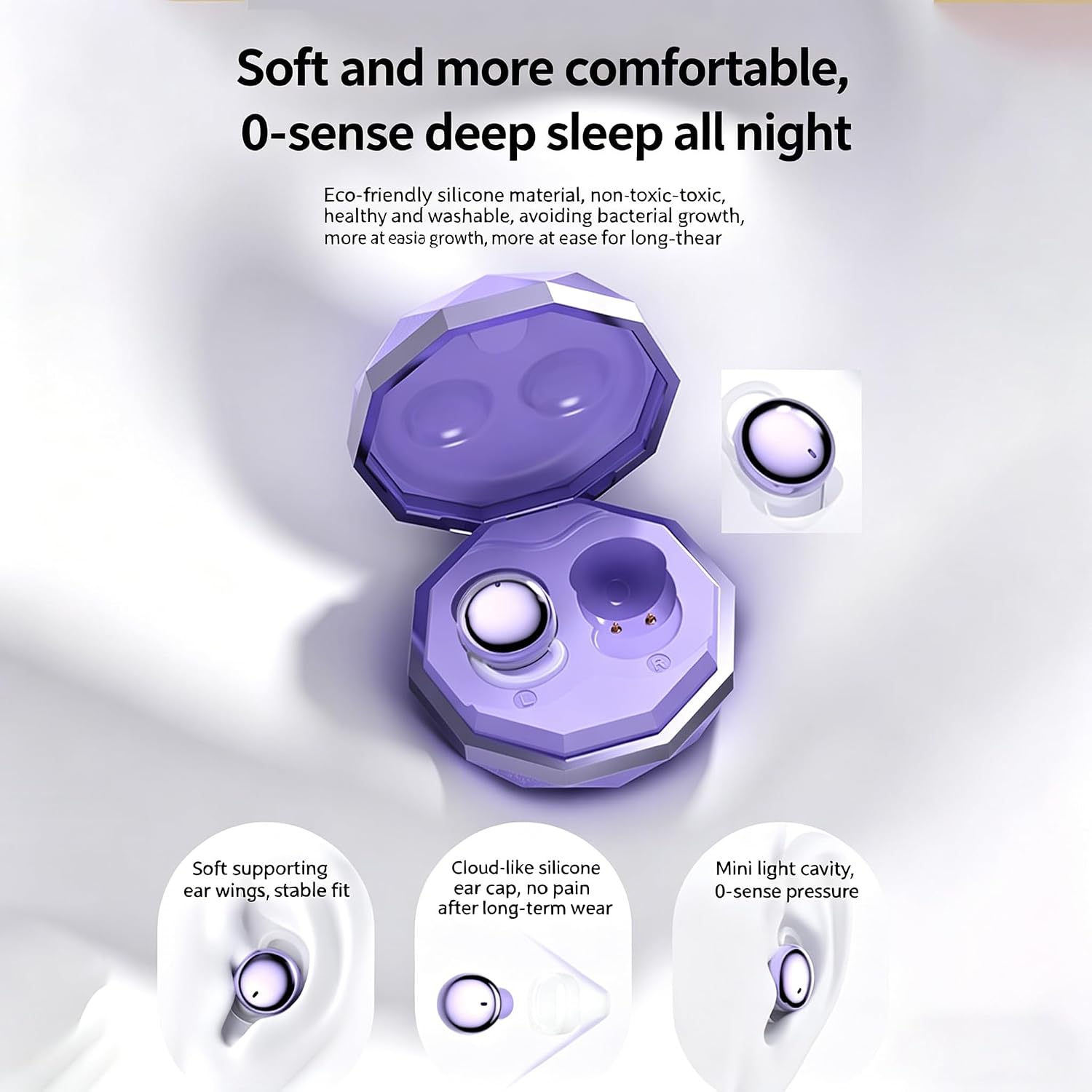 Black Sleep Earbuds for Side Sleepers, Wireless Bluetooth Stereo Earbuds with Voice Control, Sleep Mode, AI Voice Assistant, Long Battery Life in-Ear Headphones