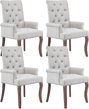 Upholstered Dining Chairs Set of 4, Tufted Back Accent Chairs, Modern Chenille Fabric Dining Room Chairs with Arms and Curved Solid Wood Legs for Dining Room, Kitchen, or Living Room, Beige