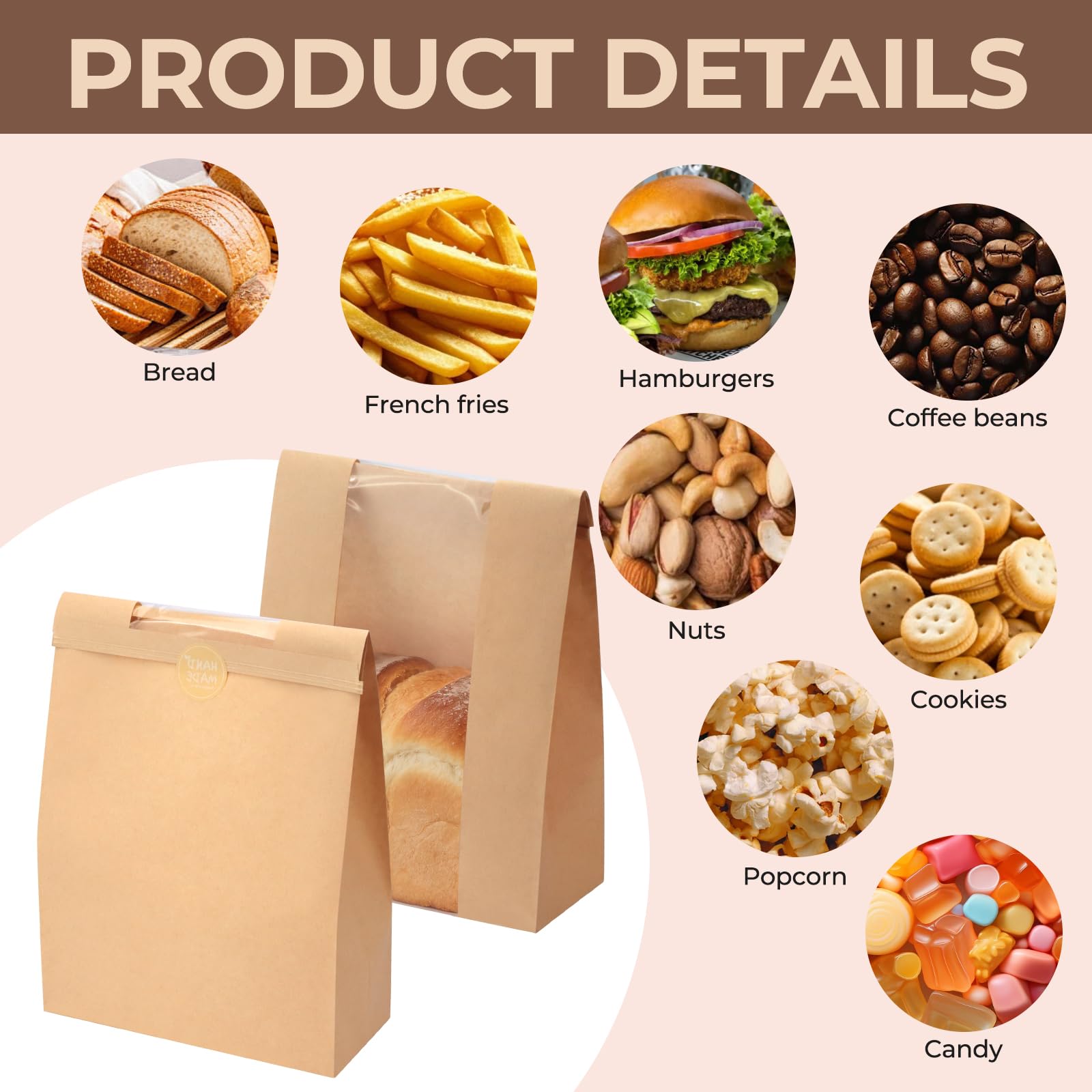 Twdrer Paquete de 50 bolsas grandes de papel kraft para pan con ventana frontal transparente, cierre de pestaña de estaño, bolsas de embalaje de café para panadería, café, galletas, con 60 etiquetas