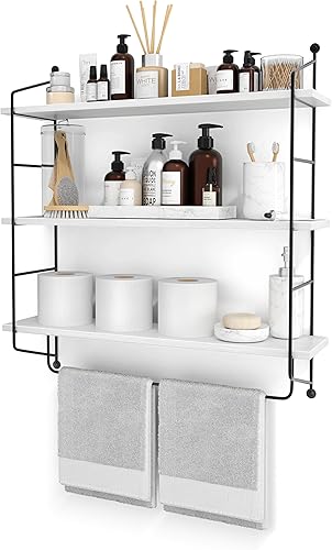 Miniatura 8 de Sorbus Estantes flotantes de baño de 3 niveles para pared, almacenamiento de pared de madera para toallas, armario de almacenamiento sobre el