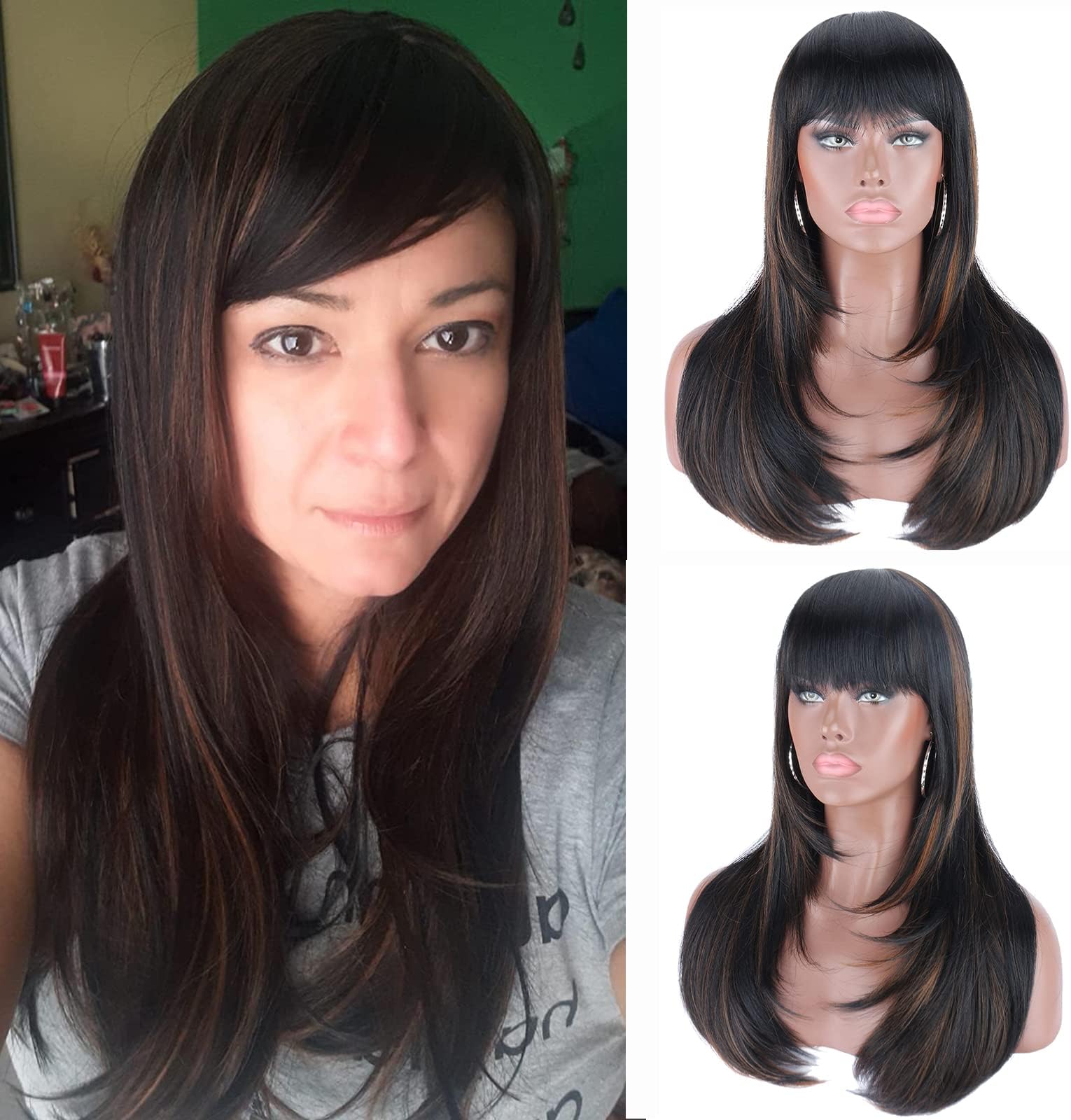 Kalyss Heat Resistant Yaki Human Hair Blended Wig with Hair Bangs Long Straight Layered Black Wigs with Brown Highlights Natural Looking Centre Parting Hair Replacement Wigs for Women