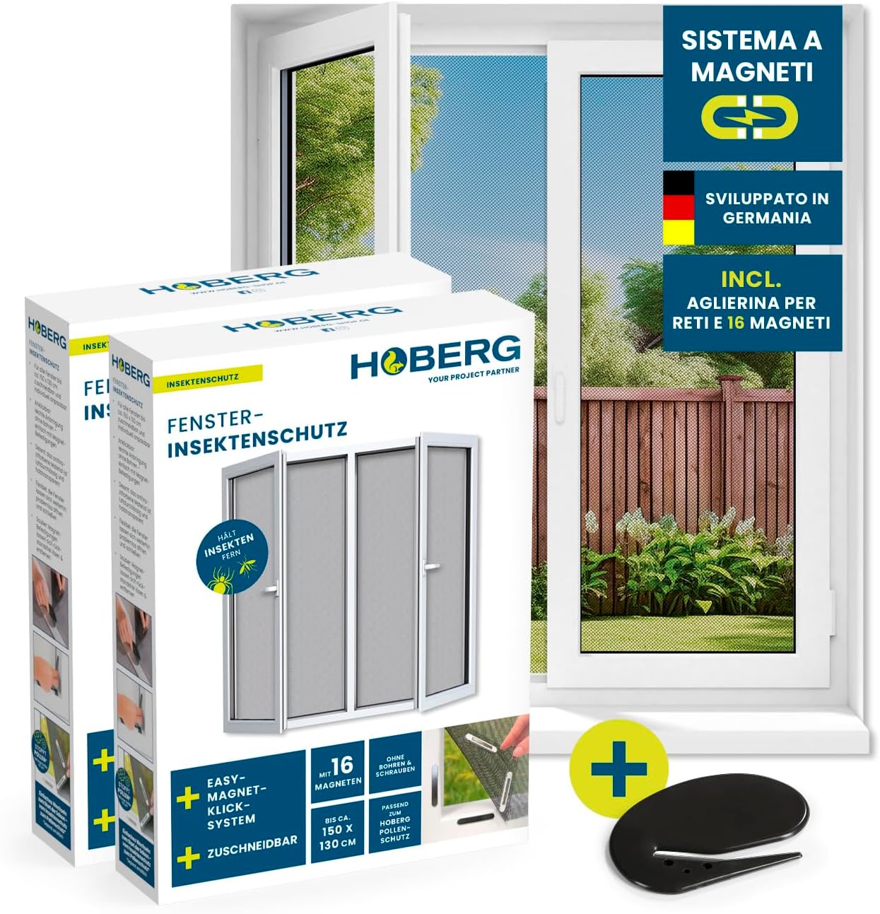 Hoberg Zanzariera con innovativo fissaggio magnetico | Zanzariera tagliabile individualmente fino a 150 x 130 cm, senza forare o avvitare | fissaggio della zanzariera con 16 magneti [2 Pezzi]