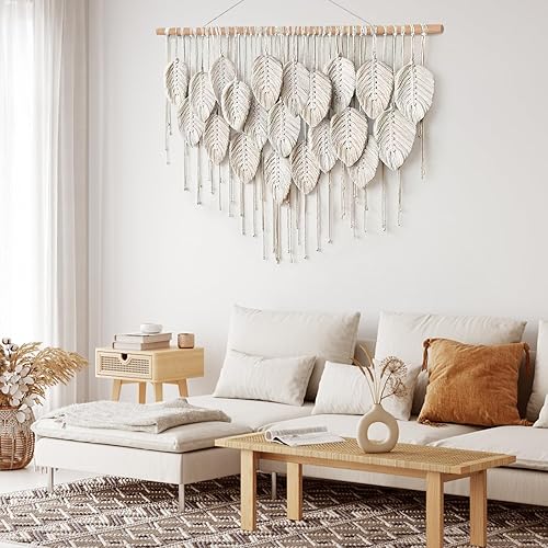 Miniatura 4 de LOMOHOO Tapiz de macramé para colgar en la pared, diseño bohemio de hojas beige, tejido a mano, decoración de pared para dormitorio, sala de estar,