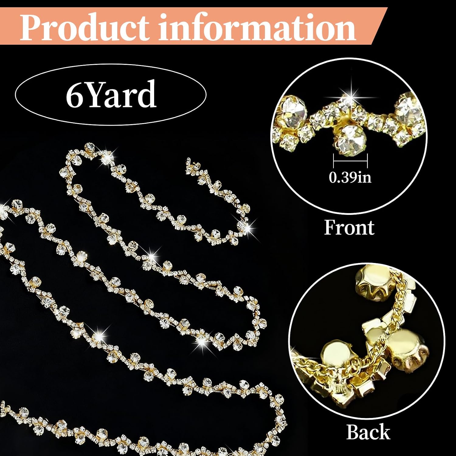 6 Yards Bling Rhinestone Chain Trim for Sewing Crafts Clothes Shoes Cups, Rhinestone Applique Embellishments Silver Crystal Chain for Jewelry Making Wedding Cake Bags DIY(Gold)