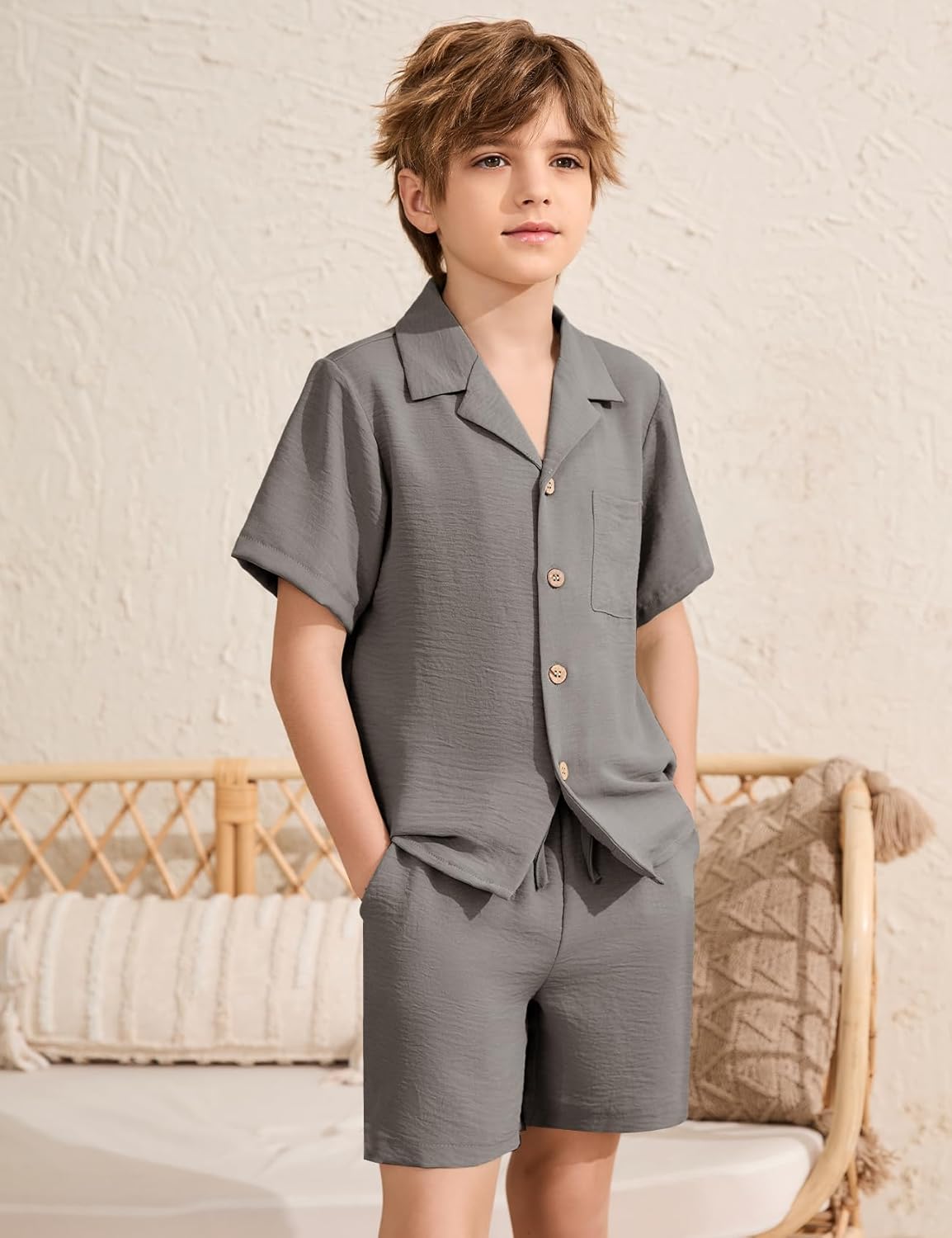 Flygo Boys Summer 2 Piece Beach Outfits Casual Short Sleeve Button Down Shirts and Shorts Vacation Outfit Textured Sets - Image 3