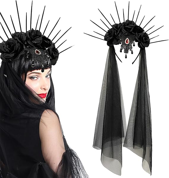 Halloween Gothic Halo Crown Flower Headband Black Vintage Rose Veil Sunburst Spike Crown Hair Hoops Headpieces for Women Girls Halloween Masquerade Party Costume Cosplay Hair Accessory