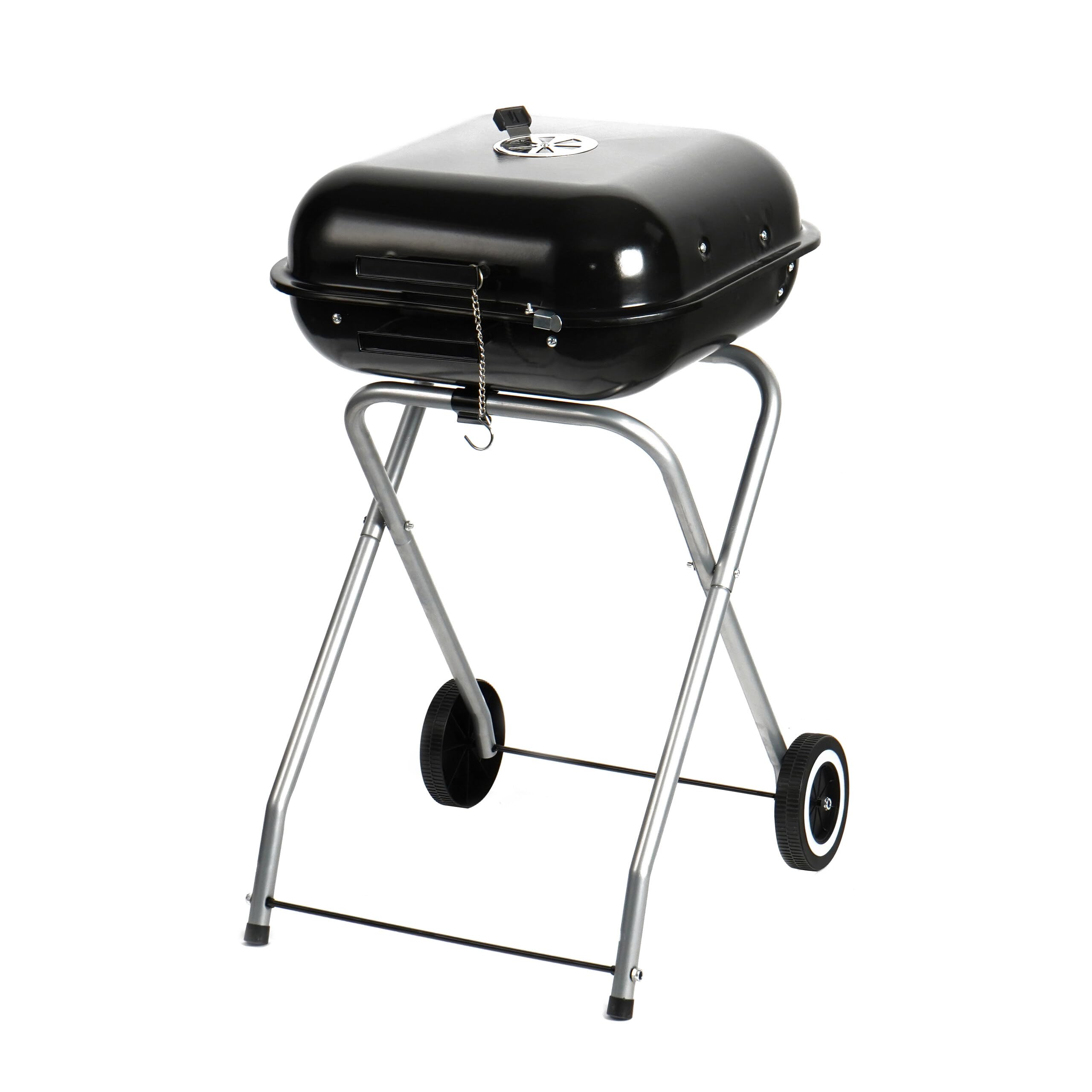 Relaxdays Parrilla portátil de carbón con tapa y ruedas, negra | Plegable para camping, balcón, jardín y parque, de pie
