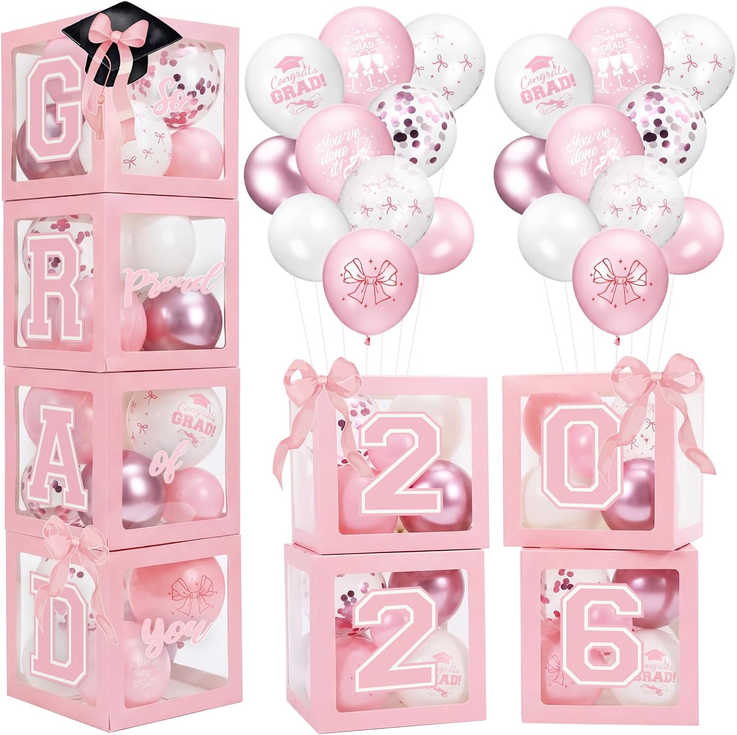 Eaasty Pink Bow Graduation Decorations Class of 2026, 4 Balloons Box and 60 Balloons with Letters 2026 Grad So Proud of You, 2026 Graduation Party Supplies for Middle High School College