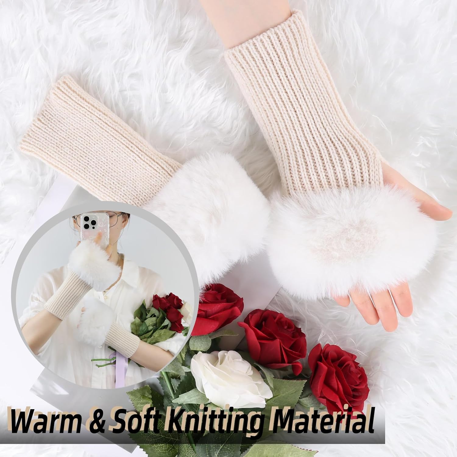 Winter Women Fingerless Gloves Knitted Arm Warmers Hand Mittens ThumbHole Faux Fur Wrist Short Cuff for Women - Image 2