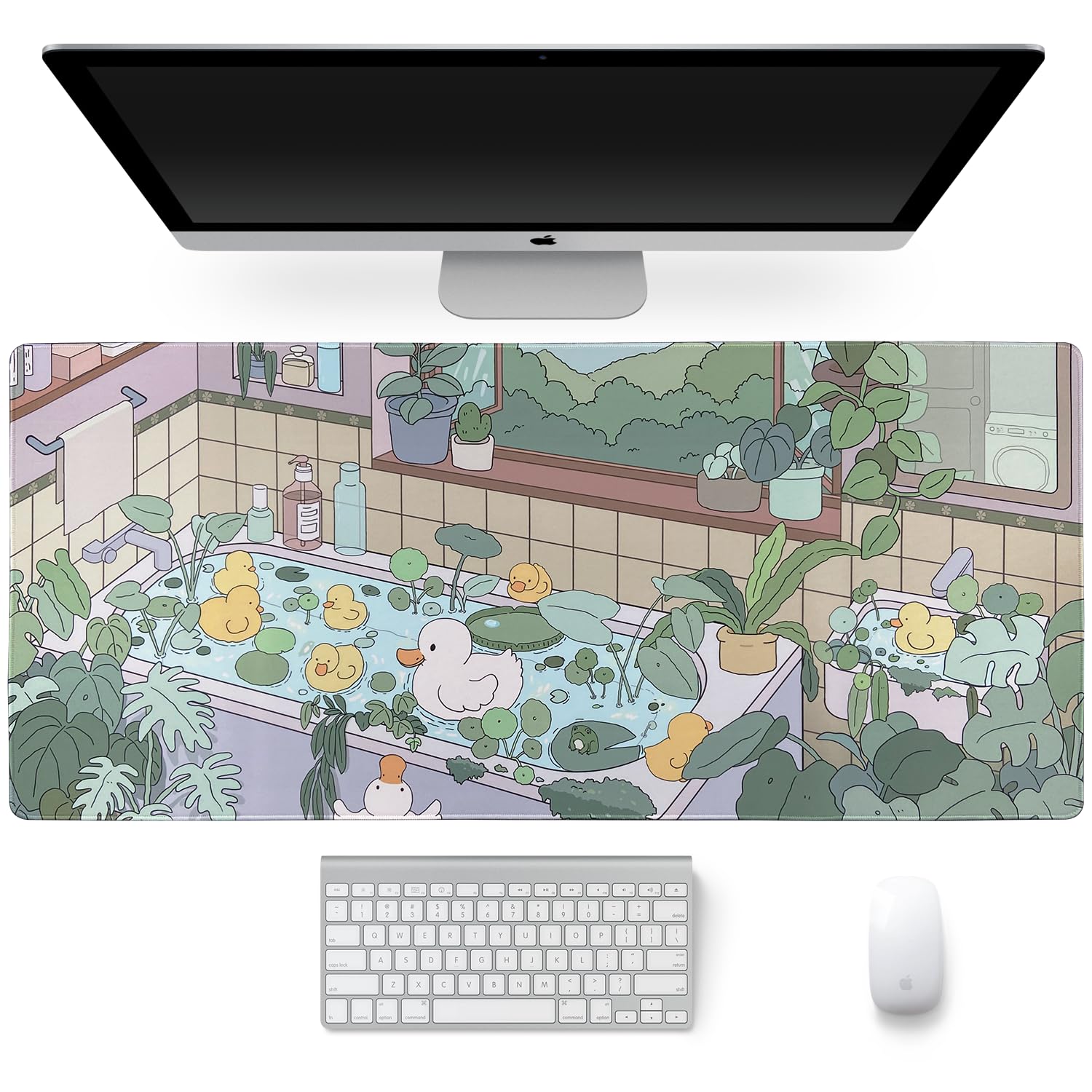 Sanfulin Large Rubber Mouse pad 35.4" x 15.7"x0.12", Long Cute Mouse Keyboard Mat for Office Home & Gaming, Green Plants with Ducks