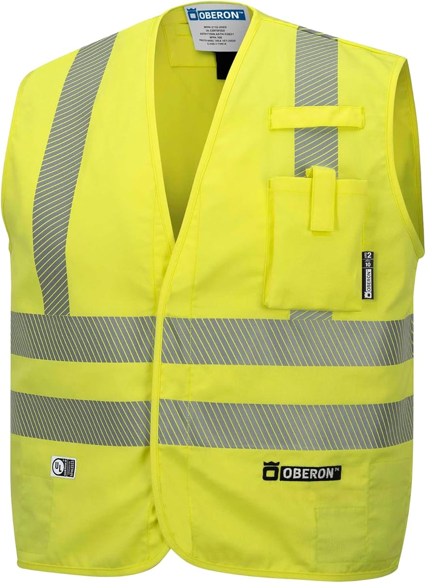 Chaleco de seguridad de alta visibilidad con clasificación FR ARC - Resistente al fuego con cinta reflectante - Clase 2 - 10 Cal - Amarillo de alta visibilidad
