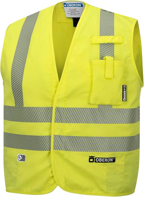 Chaleco de seguridad de alta visibilidad con clasificación FR ARC - Resistente al fuego con cinta reflectante - Clase 2 - 10 Cal - Amarillo de alta visibilidad