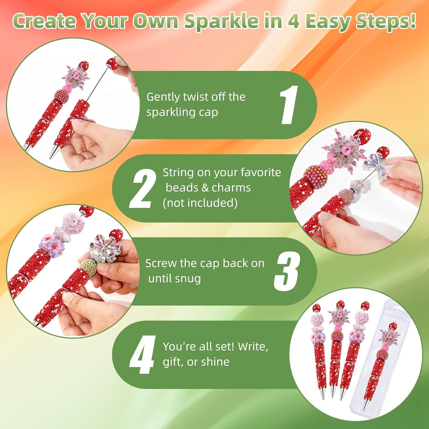 60 Pcs Rhinestone Beadable Pens Bulk Set – 20 Diamond Pens with Refills & Bags, Beaded Pen Kit for DIY Pen, School Projects, Office, Crafts, Ballpoint Making Supplies for Teachers & Teens (Red)