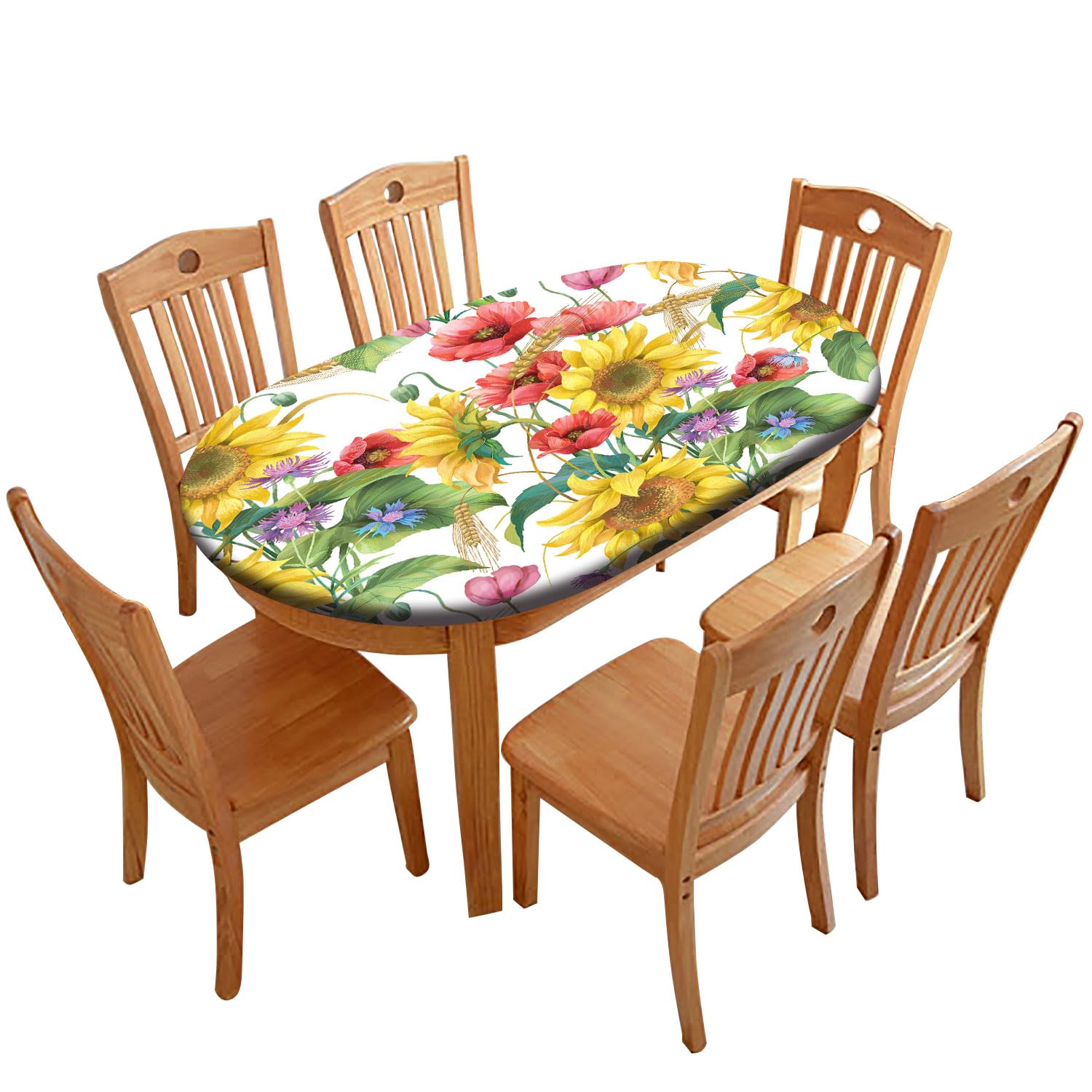 Dansfeng Oval Floral Table Cloths, Yellow Sunflower Fitted Tablecloths, Polyester Poppy Flower Table Cover for Indoor Holiday Family Banquet and