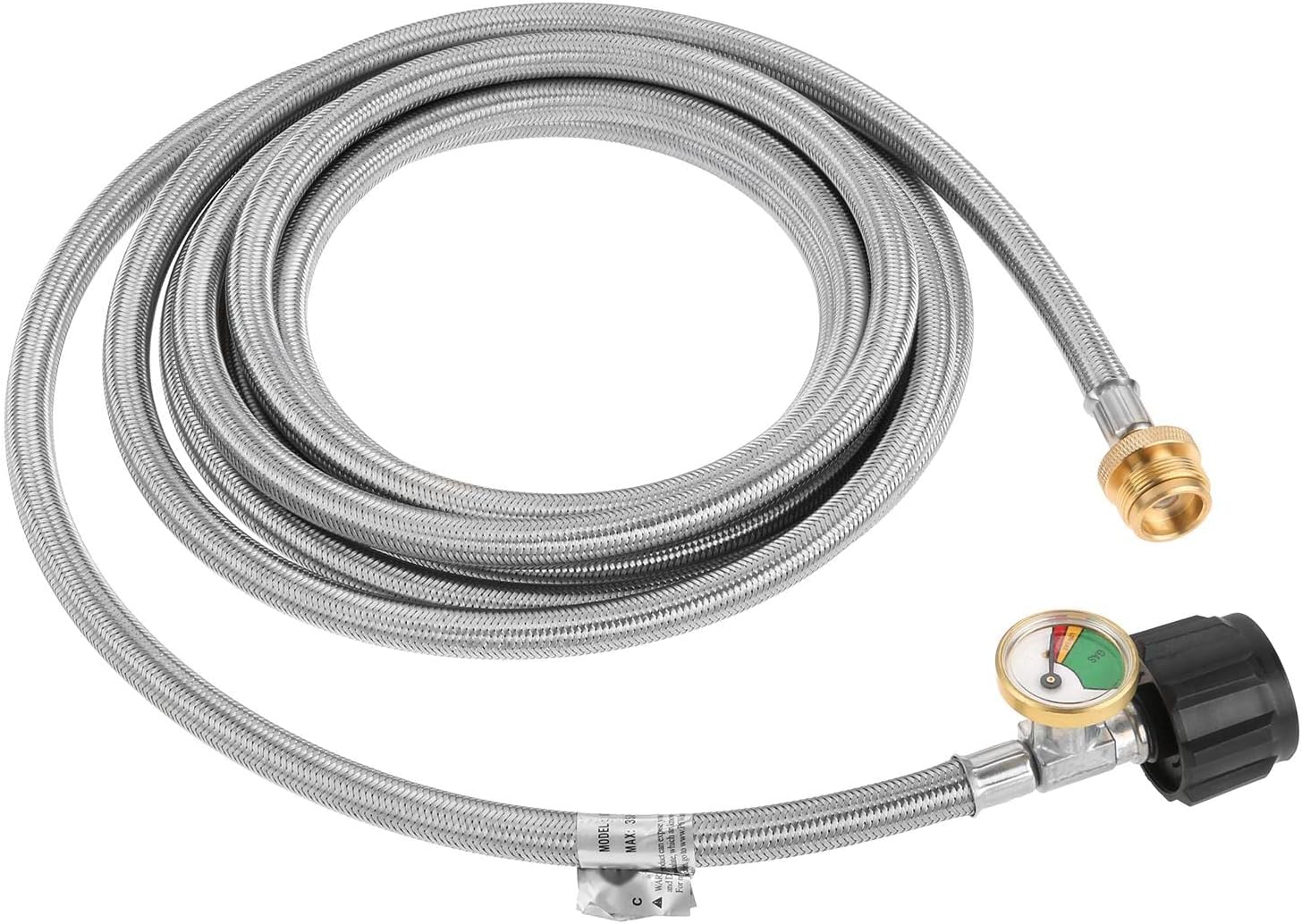 15 FT Propane Adapter Hose with Gauge, 1 lb to 20 lb Stainless Braided Hose for QCC1/Type1 Tank Connects, Compatible with Coleman Camp Stove, Buddy Heater and More 1lb Portable Appliance