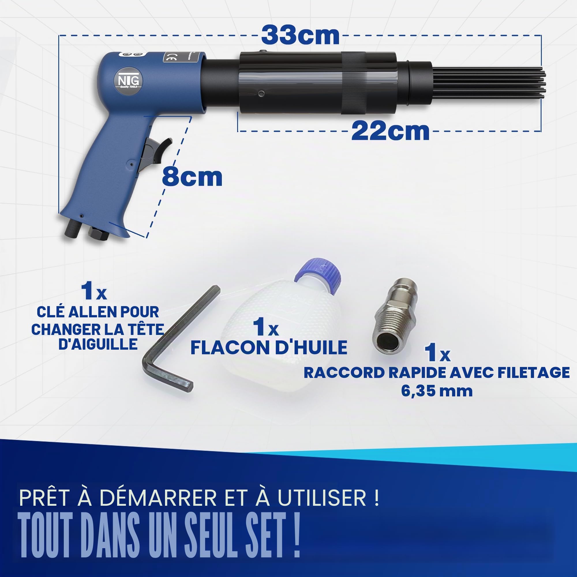 NTG Dérouilleur à aiguilles à air comprimé - Elimine la rouille et la peinture avec 19 aiguilles (Ø 3mm, longueur 180mm), élimination de la rouille pour le métal, atelier, outil pneumatique 3000 coups
