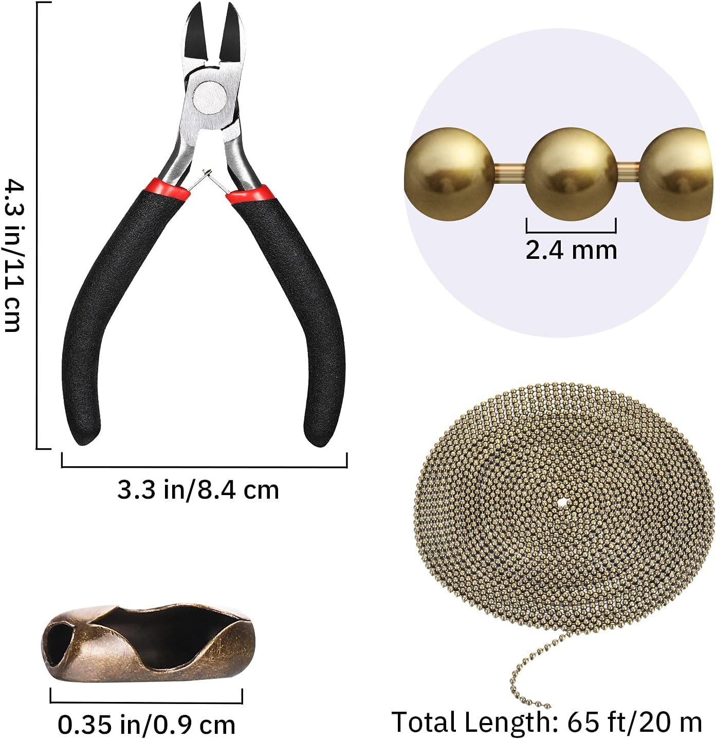 Mudder 65 Feet Stainless Steel Chains, 2.4mm Bead Link Chain with 40 Ball Connector Clasp and Plier for Necklace Hanging Ornament Key Chain Dog Pet Tags(Bronze) - Image 2