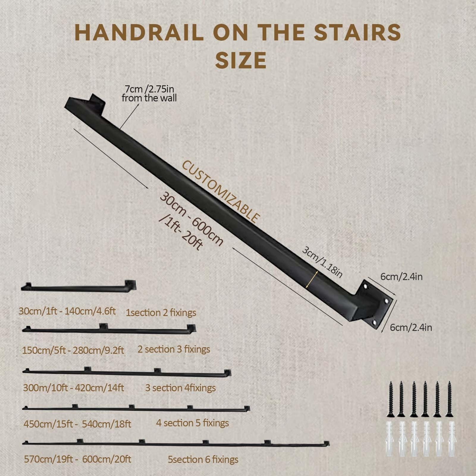 Treppenhandlauf für Wände, Schwarzes quadratisches Treppengeländer aus Metallschmiedeeisen, Sicherheitshandlauf mit Wandhalterungen und Metallschrauben, für drinnen und draußen(250cm)