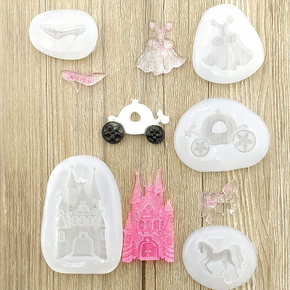 5Pcs/Set Cinderella Fondant Mold Fairy Tales Castle Pumpkin Carriage Princess Dress Crystal Shoes Silicone Chocolate Candy Mold Gum Paste Sugar Craft Cake Cupcake Decorating Tool Resin Clay Mould - Image 6