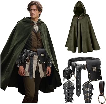 SUMGOGO Medieval Velvet Hooded Cloak Cape Hood Renaissance Costume Belt Pouch Purse Viking Bracer Hook Festival Halloween Set