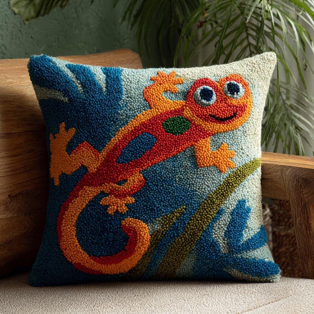 Taxpy Kit Pre-Printed Hook and Latch Rug Kits Lizards Latch Hook Cushion Kit for Adults Beginners Cross-Stitch Embroidery Cushion Cover for Home Sofa Decoration 17X17 Inch