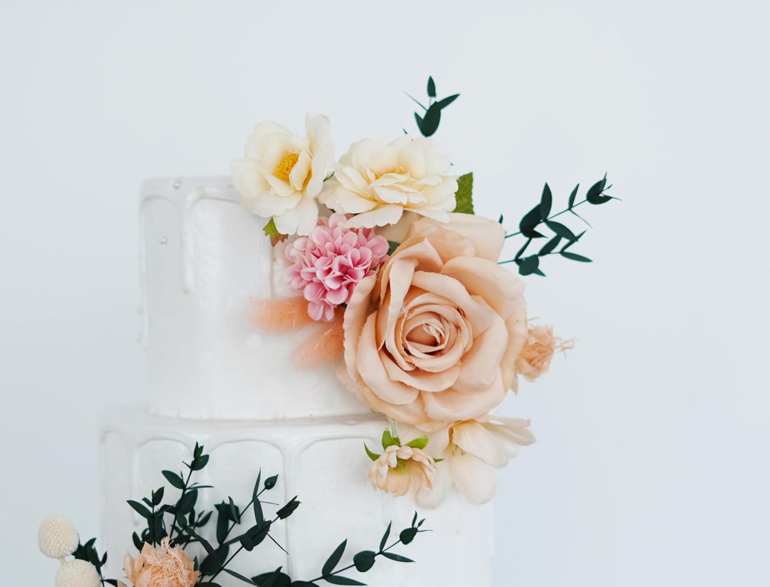 Two tiers Cake Topper Arrangements，Pink Flowers Wedding Cake Decorations,Beige Pampas Grass Artificial cake Toppers