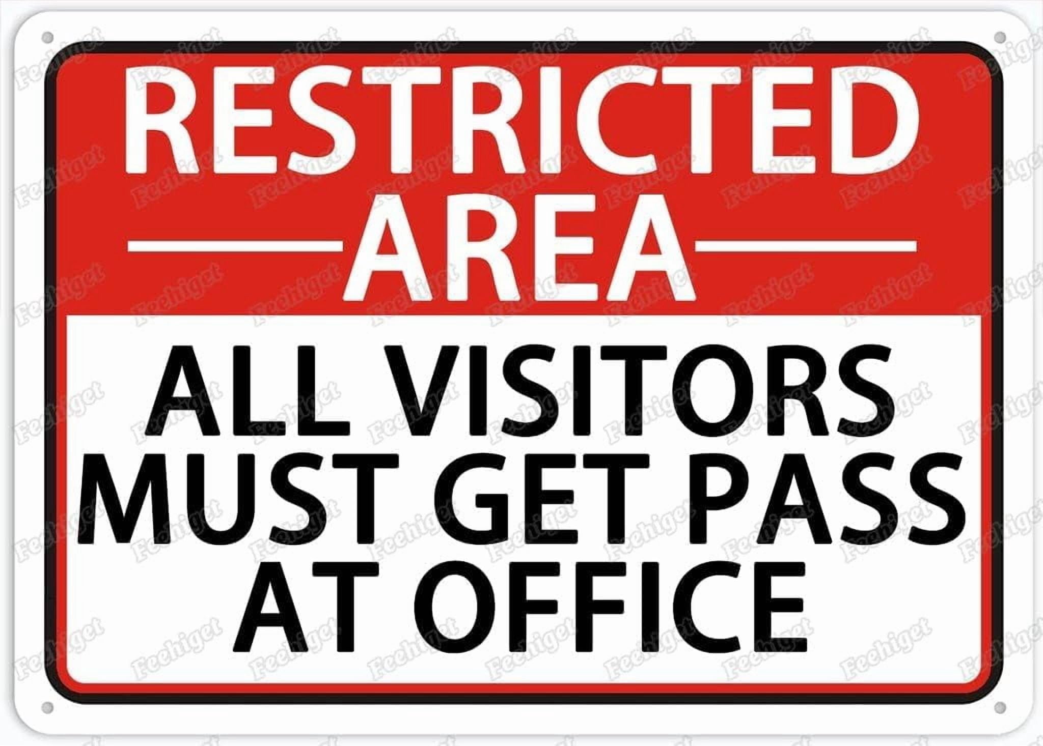 (2-Pack) Metal Tin Sign Restricted Area (All Visitors Must Get Pass at Office) 8"x12" Retro Sign - Vintage Style Wall Decor Art - Indoor & Outdoor Use