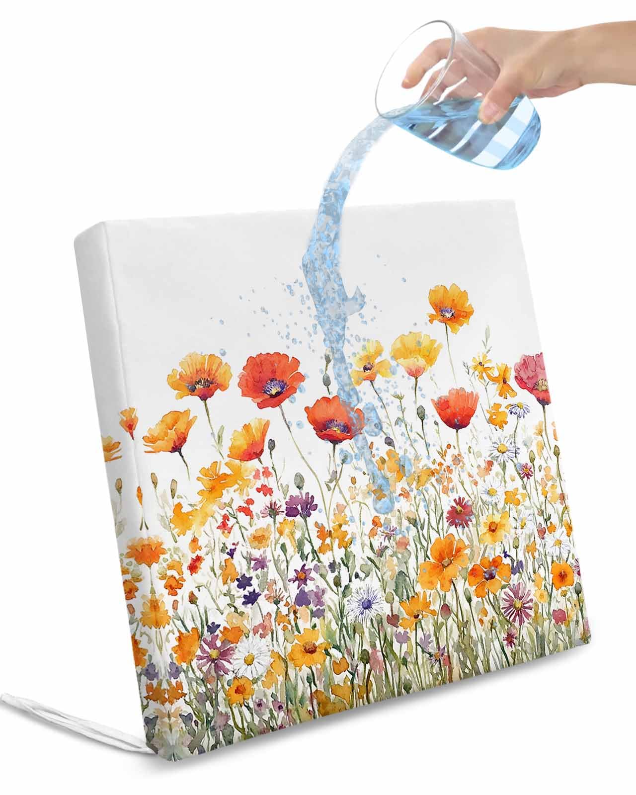 2 Pack Flowers Waterproof Cushion Covers with Ties, Outdoor Patio Chaise Lounge Chair Seat Cushion Slip Covers Replacement(Only Cover) Vintage Orange Yellow Wildflower Garden Floral 22