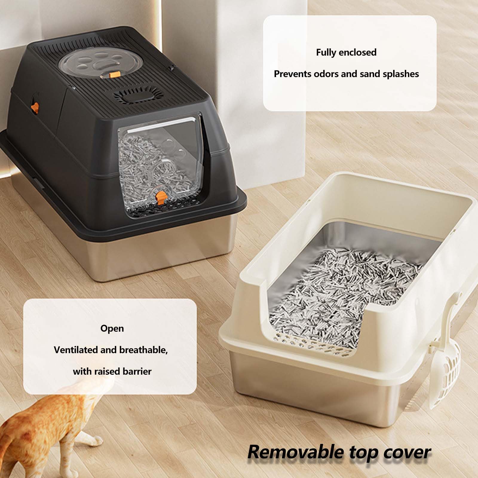 Lettiera per Gatti in Acciaio Inossidabile con Coperchio, Coperchio a Fogli mobili lettiera ad Ingresso Superiore con lettiera a Strato di lettiera, Non appiccicoso, Non Odor, Facile Pulizia Gray