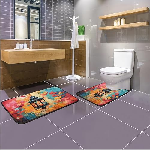 Miniatura 7 de Pardick 2 Pieces Bath Mat Set, Colorful Maple Leaves Bath Mat U-Shaped Toilet Rug Bathroom Mat Set with Bath Rug Mat, Abstract Maple Leaves Mat for