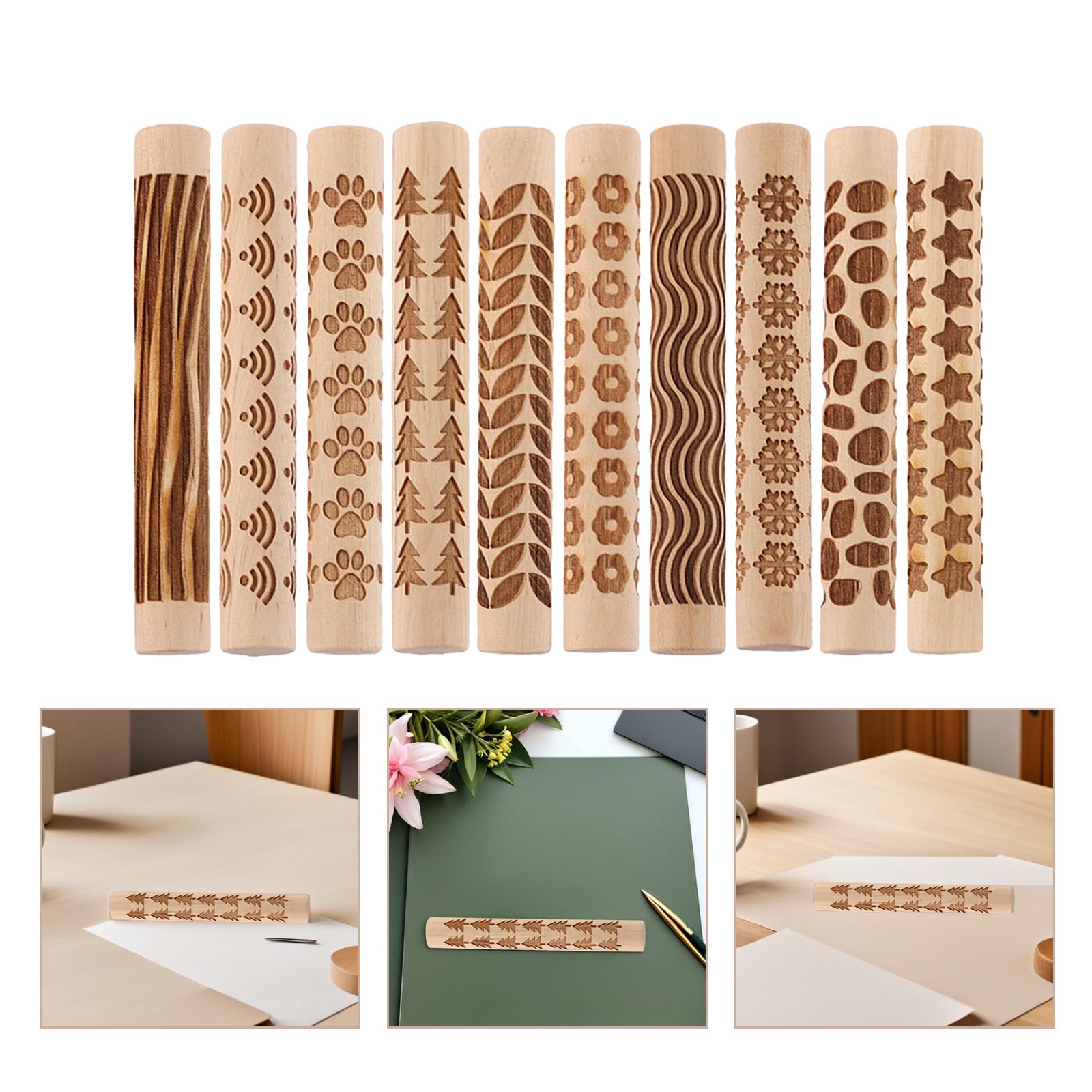 Kichvoe Set 10 Pezzi Rulli di Legno per Argilla Texture Varie, Strumenti Artigianali per Ceramica, per Modellare Argilla in attività DIY e Corsi Creativi