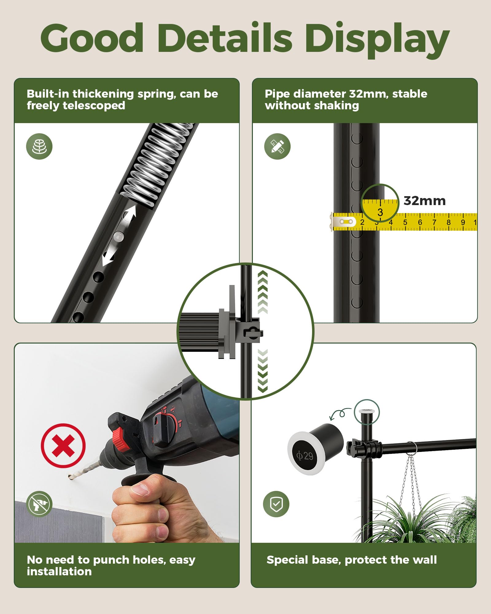 Bamworld Supporto per Piante a Tensione Regolabile con Luci di Crescita, Espositore Sospeso da Pavimento a Soffitto per Soggiorno Camera Da Letto, Portafiori per Più Vasi, Nero, Nuova Versione