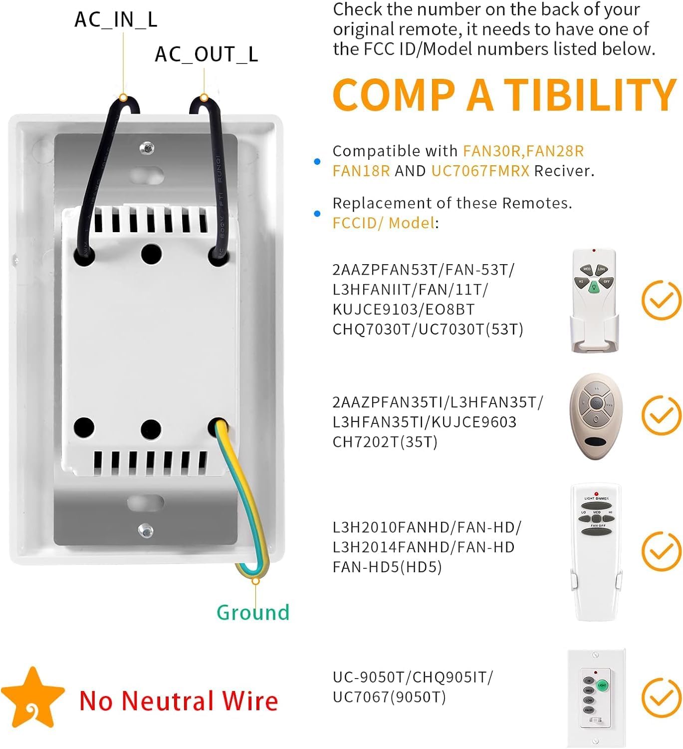 Universal Ceiling Fan Remote Control, Ceiling Fan Wall Switch UC9050T, UC9050T Ceiling Fan Wall Remote Control Compatible with Hampton Bay Harbor Breeze 2 Pack