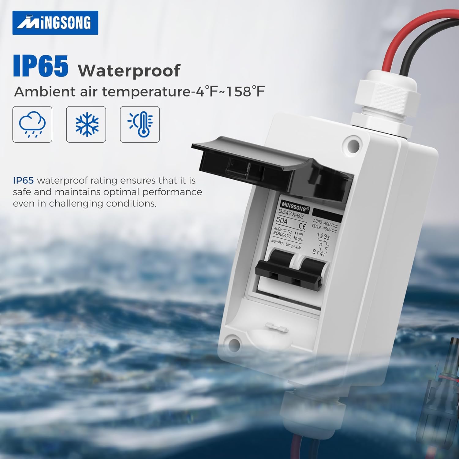 Solar Panels Disconnect Switch 50Amp DC Solar Shut Off Switch 400V 2 Poles Outdoor AC Small Miniature Circuit Breaker Box, IP65 Waterproof UV-Proof for PV Homes