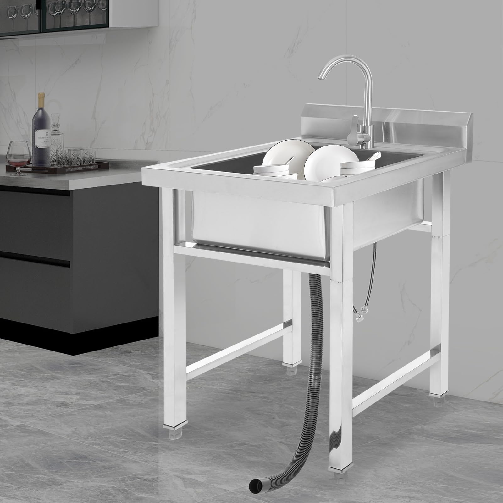 Évier de cuisine en acier inoxydable - 1 bac - Multifonction - Avec robinet chaud et froid - Lavabo autoportant pour garage, atelier, buanderie, camping - 93 x 60 x 60 cm
