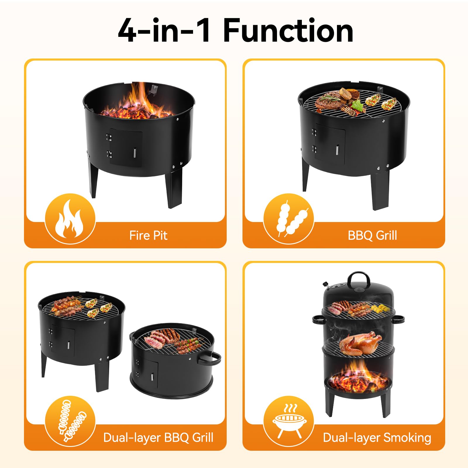 ahumadero 3 en 1, ahumadero, barbacoa de carbón de madera, ahumadero con tapa y termómetro, cuenco de agua para cocinar al vapor, 2 capas de 84 cm, con bandeja de carbón y parrilla de ceniza
