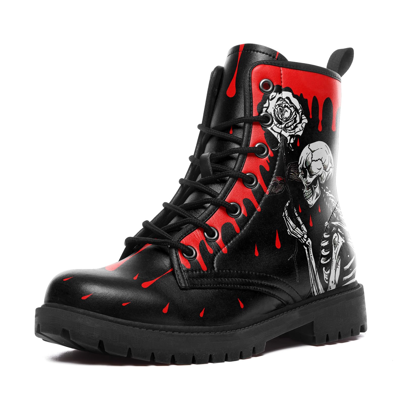 Skull Combat Boots for Men Women Slip-Resistant Gothic Punk Style Cool Chunky Black Boots Vegan Leather Work Ankle