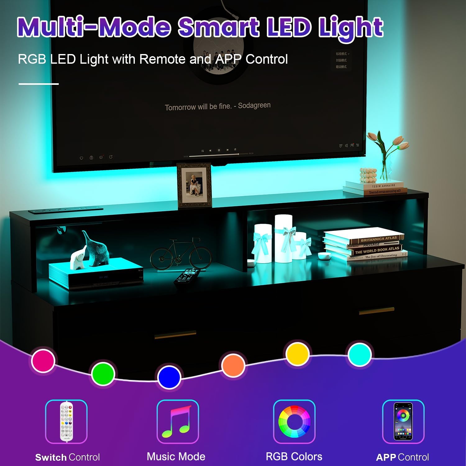 Black Dresser with LED Lights, 6 Drawer Dresser with Power Outlet for Bedroom, Large Wooden Chest of Drawers, Organizer Cabinet for Bedroom,Living Room,Hallway, Entryway