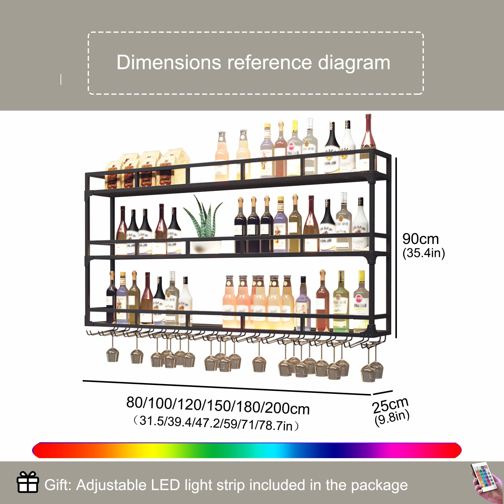 Portabottiglie da parete in metallo con illuminazione a LED, 3 ripiani, per casa, bar e cucina, supporto da parete per bottiglie di vino, elegante design nero (180 cm)