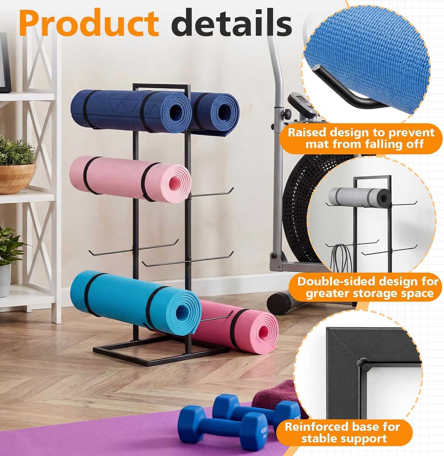 Cinnvoice 4-Tier Freestanding Yoga Mat Holder, Double-Sided Metal Storage Rack for Yoga Mats, Foam Rollers, Heavy Duty Home Gym Organizer Stand with Non-Slip Feet, Matte Black