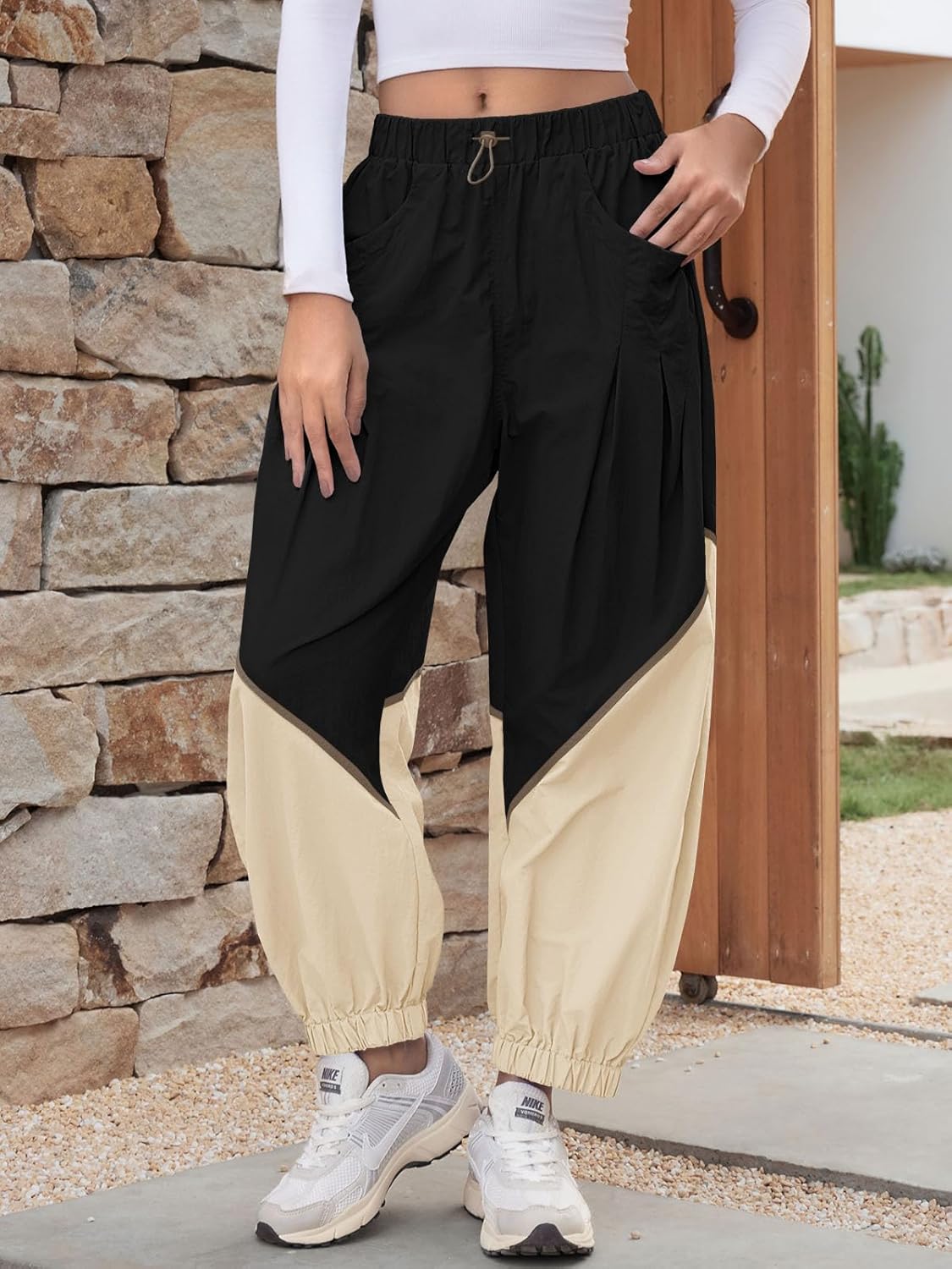 Fisoew Womens Baggy Wide Leg Pants Casual Elastic Waist Color Block Loose Workout Track Pants with Pockets - Image 3