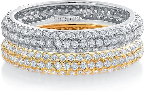 Miniatura 2 de Gem Stone King Juego de 2 anillos de boda chapados en oro amarillo de 18 quilates y plata blanca de moissanita de 3 filas para mujer