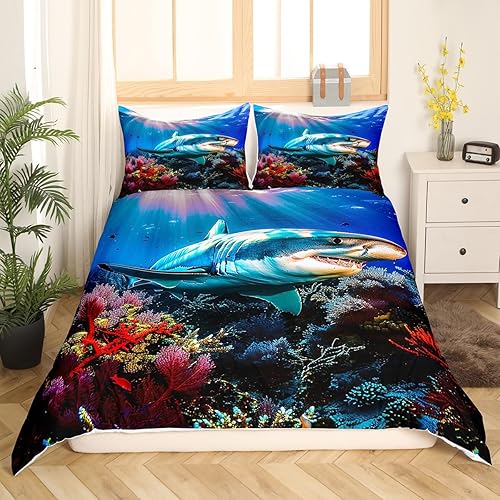 Miniatura 2 de Erosebridal Funda de edredón con diseño de peces de tiburón tamaño Queen, funda de edredón con diseño de mar azul para niños, niñas, adolescentes,