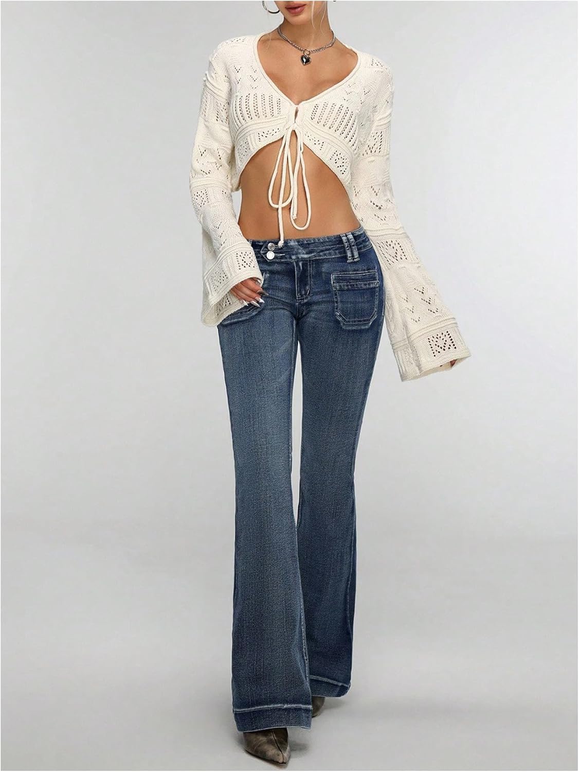 OYOANGLE Women's Tie Front Long Sleeve Crochet Cardigan V Neck Hollow Out Cropped Sweaters - Image 5