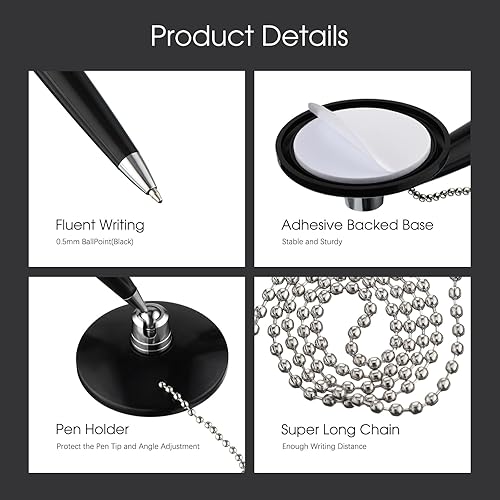 Miniatura 3 de Zonon 24 unidades de bolígrafo seguro con cadena de seguridad para bolígrafo, contador con cadena adhesiva y base, tinta negra para recepción,